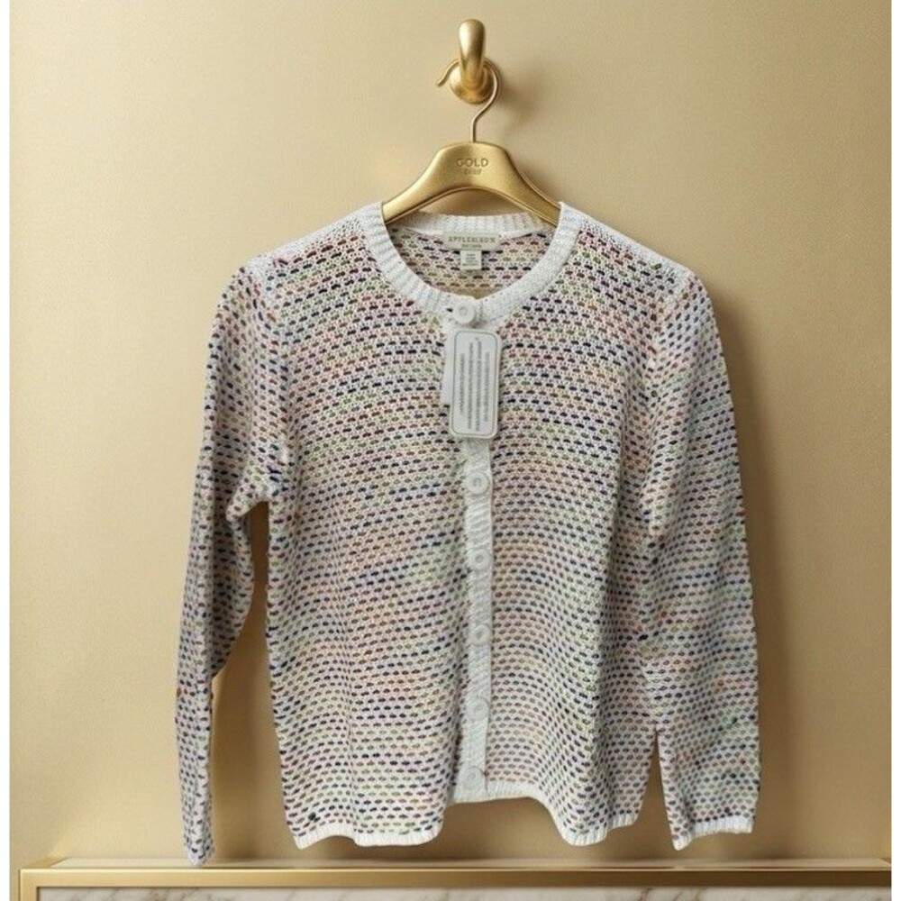 Appleseeds Women Cardigan Sweater Sz PM Crochet Button up Colorfully